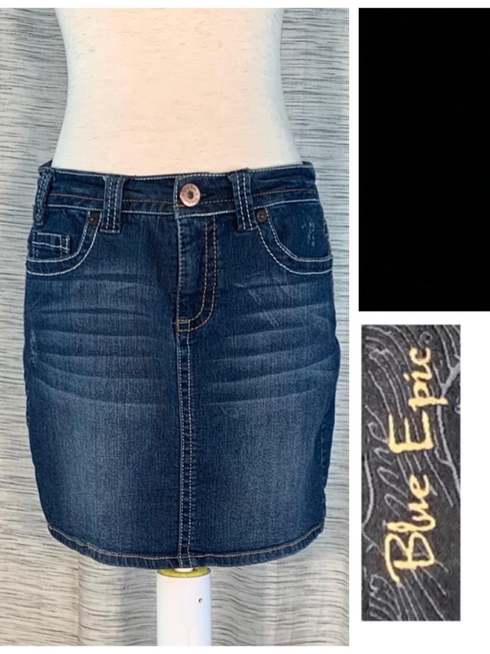 Blue Epic Denim blue jeans mini skirt.
